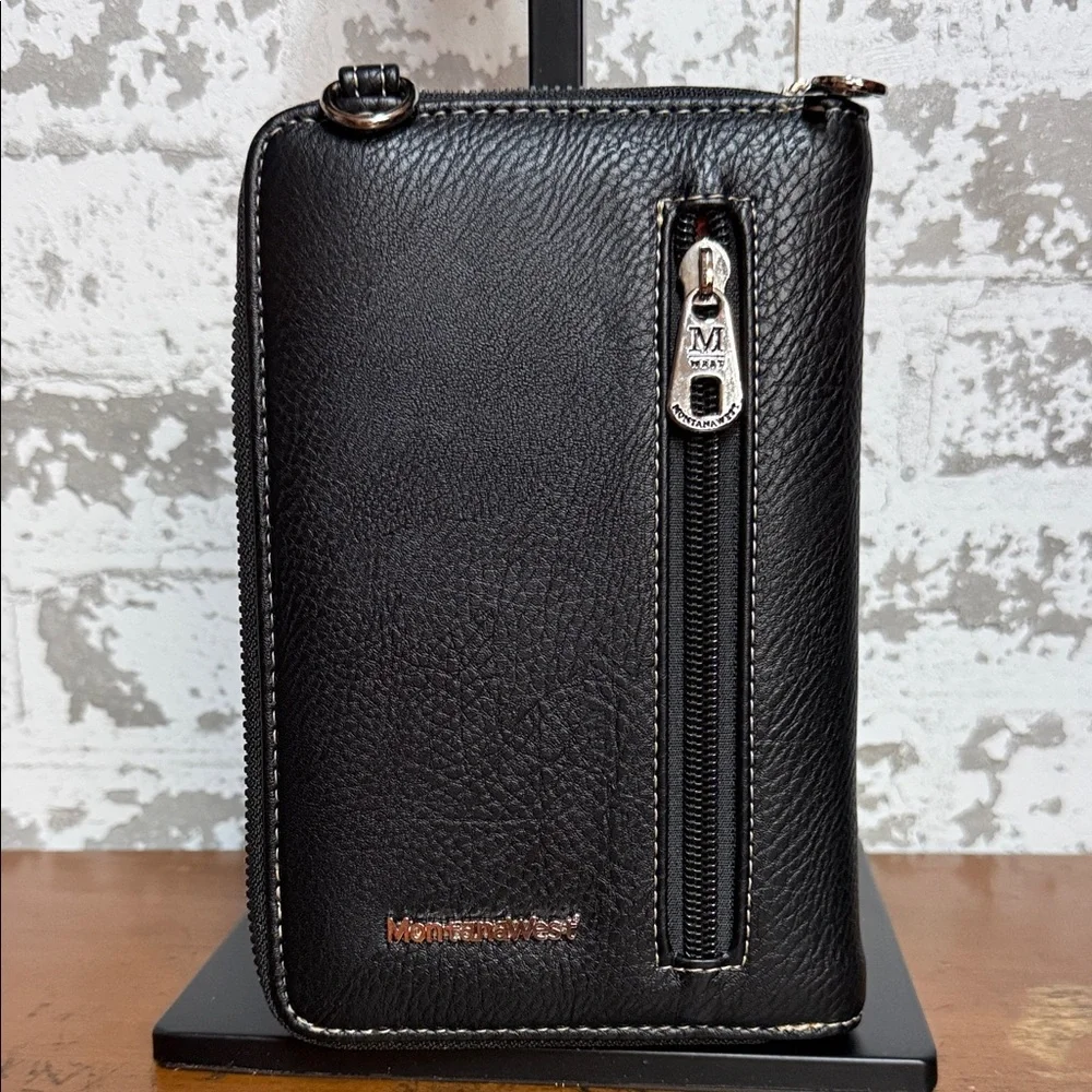 Montana West Black Crossbody Phone Wallet with Colorful Embroidered Sugar Skull - Picture 2 of 2